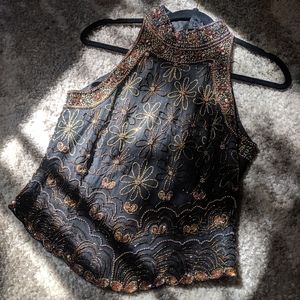 Beaded silk high neck tank top